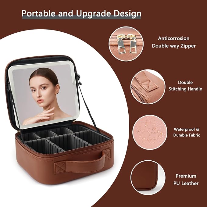 Makeup Bag with Led Mirror, Travel Makeup Organizer with 3 Color Setting - Image 4
