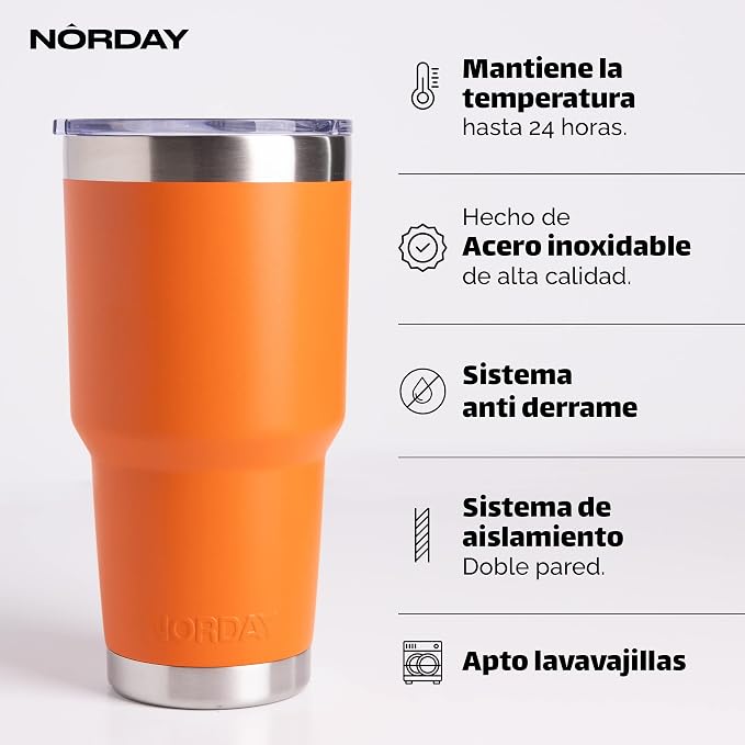 NORDAY | Tumbler with Lid - 30oz - Orange Insulated Tumbler - Stainless Steel - Image 2