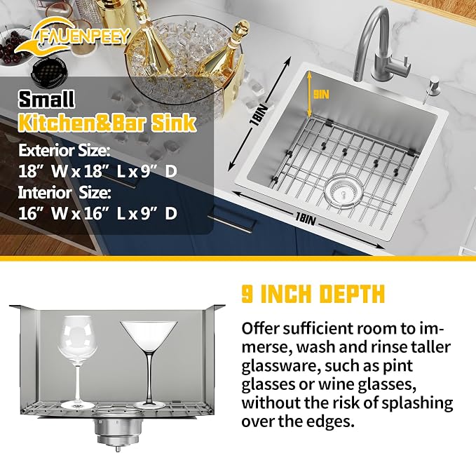Small Kitchen Sink, 18x18 In Bar Sink Stainless Steel Undermount Small Kitchen - Image 3