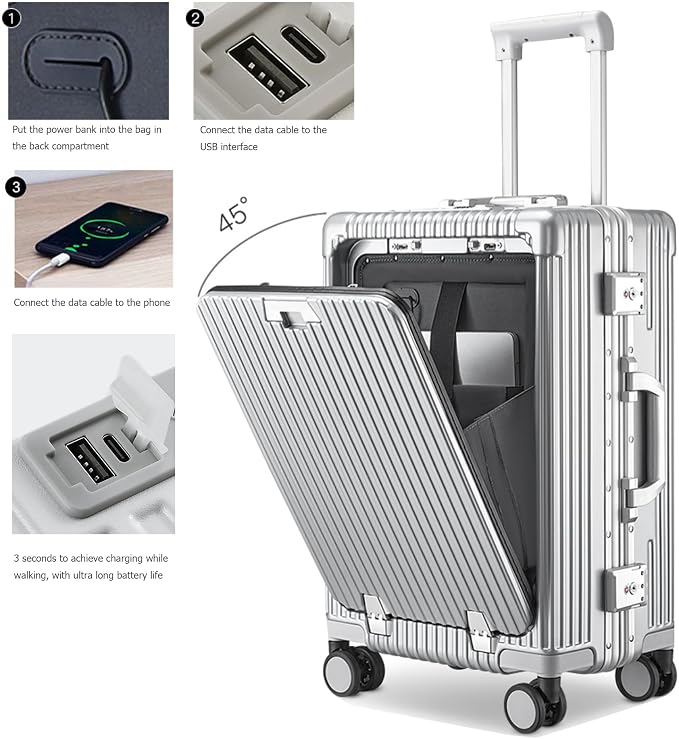 feilario 20in Aluminium Frame PC Hard Shell Spinner Wheels Luggage, Built-In - Image 4
