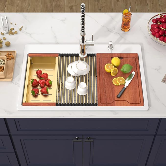 33 Inch Quartz Drop In White Kitchen Sink-Donsdey Double Bowl Topmount Granite - Image 2