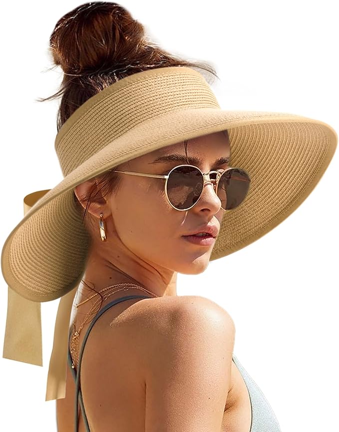Camptrace Sun Visors for Women Wide Brim Beach Hat Foldable Straw Visor Hat by Camptrace