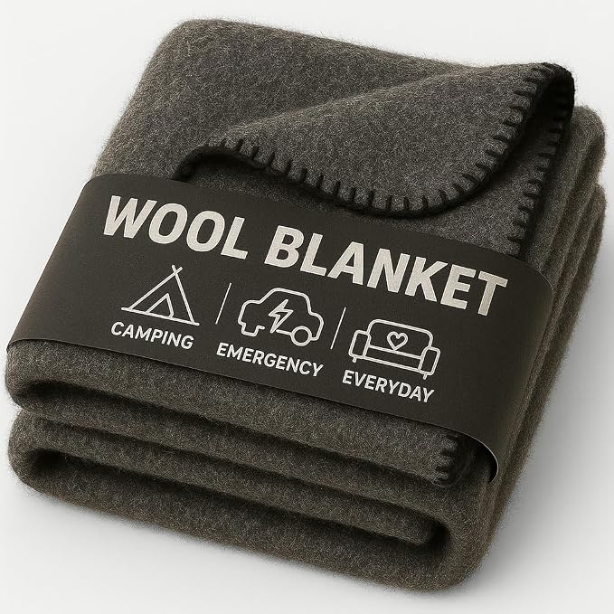 Wool Camping Blanket – 70% Wool Heavy-Duty Military Style Throw, Warm & Washable by JmrUsaInc