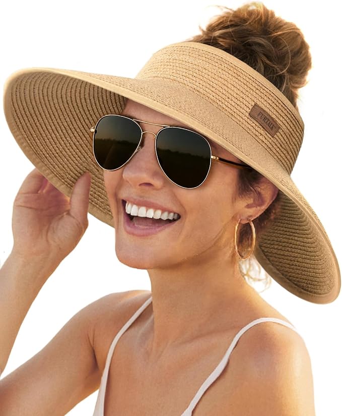 FURTALK Sun Hats for Women Wide Brim Beach Hat Straw Visor Ponytail Summer UV by FURTALK