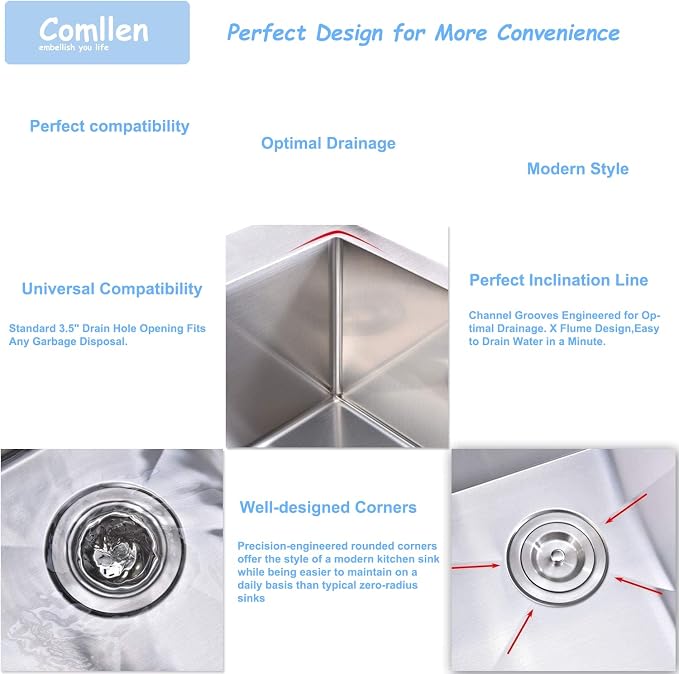 Comllen 28 Inch Drop in Kitchen Sink, 28x18 Inch Top Mount 18 Gauge Stainless - Image 4