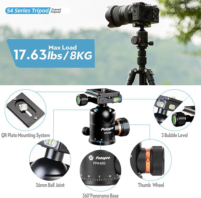 Fotopro 66" Camera Tripod, Aluminum Compact Travel Tripod and Monopod - Image 4