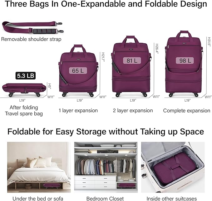 Hanke Suitcases with Wheels Expandable Foldable Luggage Bag Suitcase - Image 2