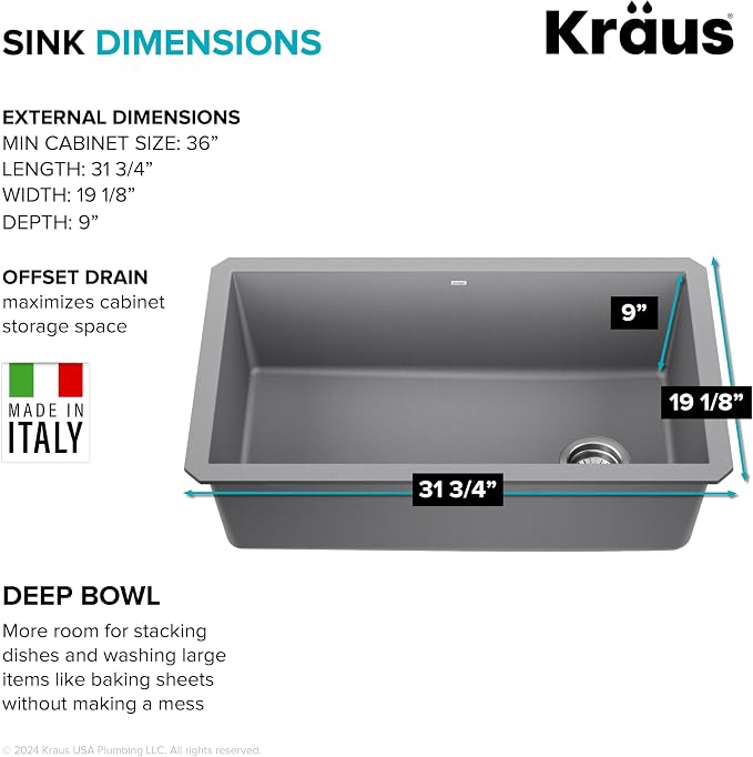 KRAUS Forteza 32-inch Undermount Single Bowl Granite Kitchen Sink in Grey - Image 5