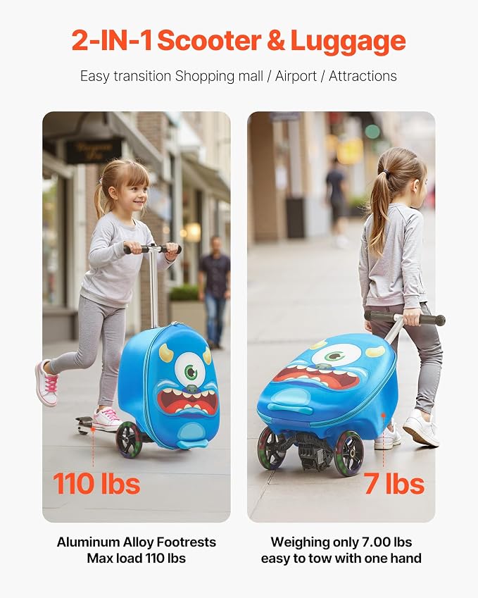 VEVOR Ride-on Luggage, 20 L Capacity, 20 Inches Kids Scooter Suitcase - Image 4