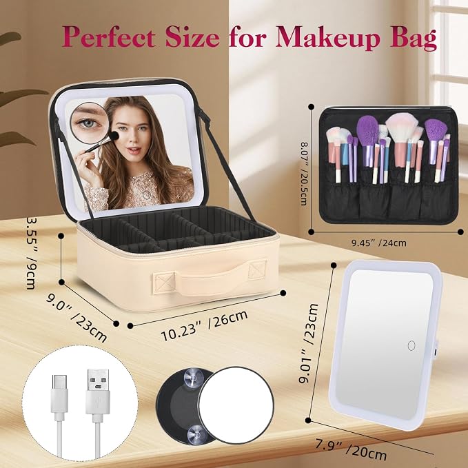 Travel Makeup Bag With LED Mirror, Makeup Travel Train Case with 3 Color Setting - Image 3