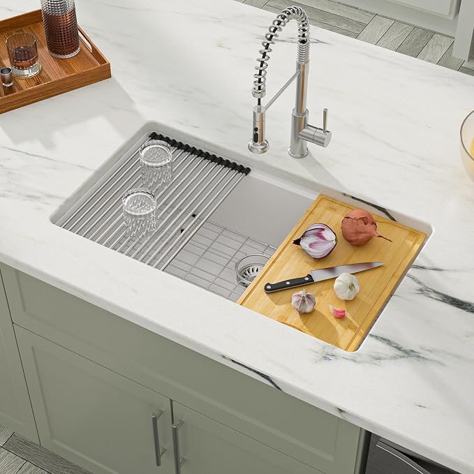 Dcolora 33 Inch White Granite Composite Kitchen Sink Workstation Undermount - Image 3