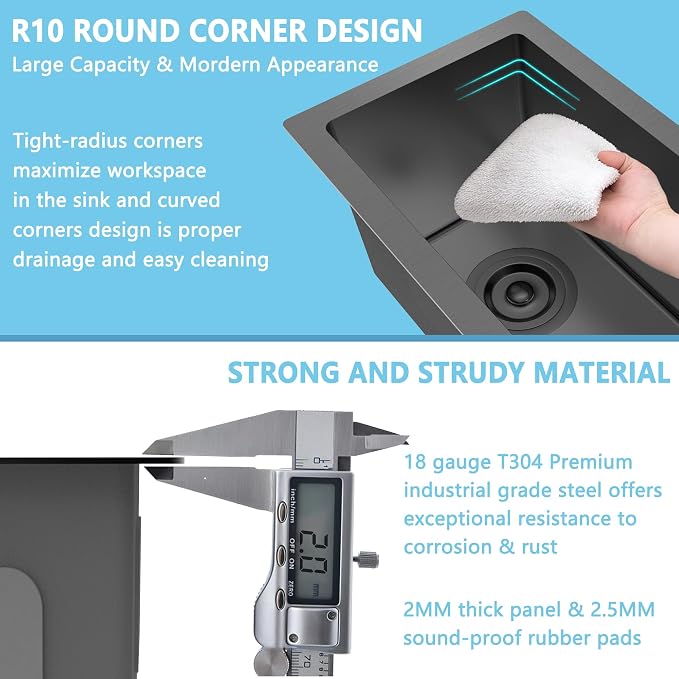 10 inch Bar Sink Undermount, 10x18 inch Small Bar Sink Gunmetal Black - Image 5