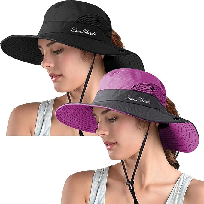 ZOORON Women's Ponytail Safari Sun Hat, Wide Brim UV Protection Outdoor Bucket by ZOORON