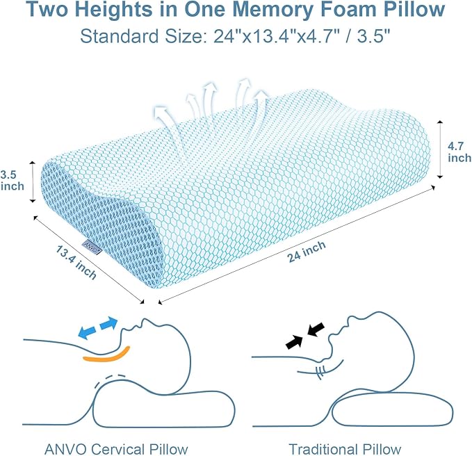 Anvo Memory Foam Pillow, Neck Contour Cervical Orthopedic Bed Pillow - Image 3