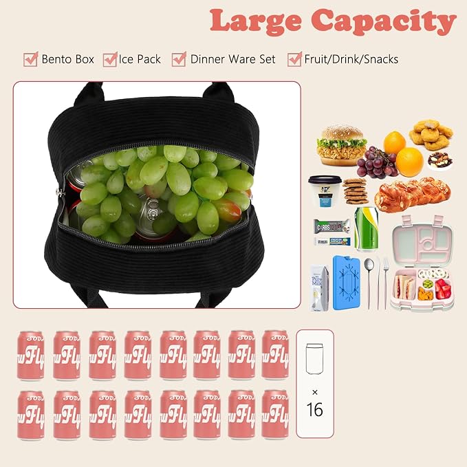 FlowFly Lunch Bag for Women Insulated Lunch Box Corduroy Lunch Tote Cooler for - Image 4
