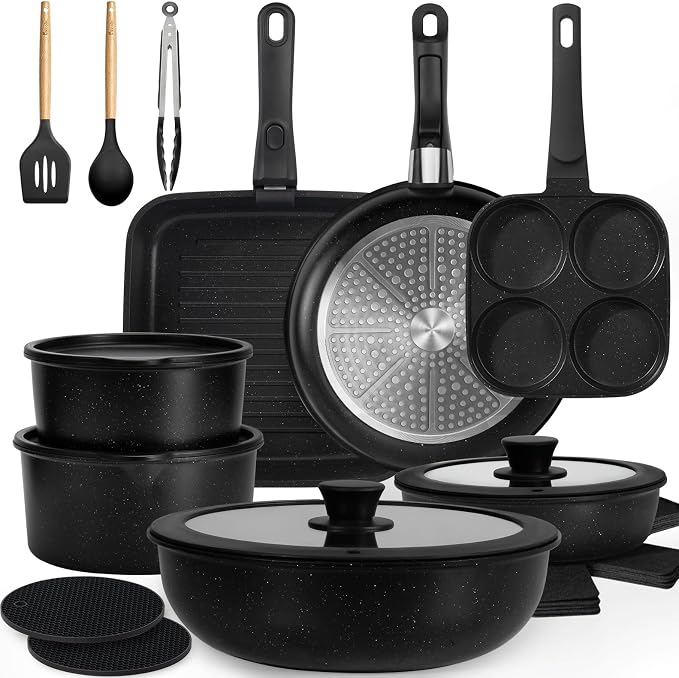 KIKCOIN 24 Pack Pots and Pans Set Non Stick, Detachable Handle Cookware Set by Kikcoin