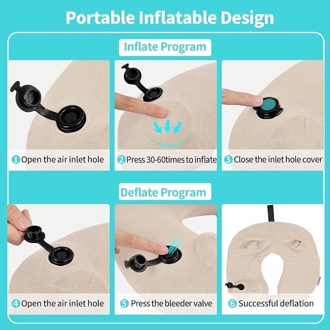 Inflatable Travel Neck Pillow for Airplane, Head Support Velvet Adult Neck - Image 5