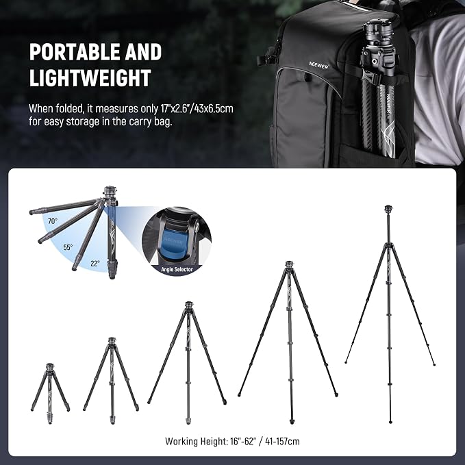 NEEWER LITETRIP LT32 Camera Travel Tripod, Carbon Fiber Portable Stand - Image 5