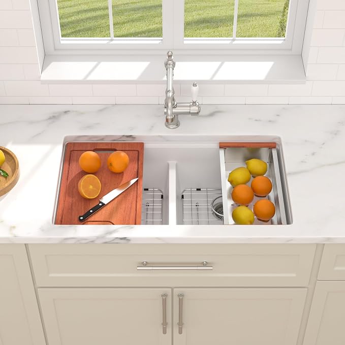 Dcolora 33 Inch Granite Compoisite Kitchen Sink White Undermount Kitchen Sink - Image 3