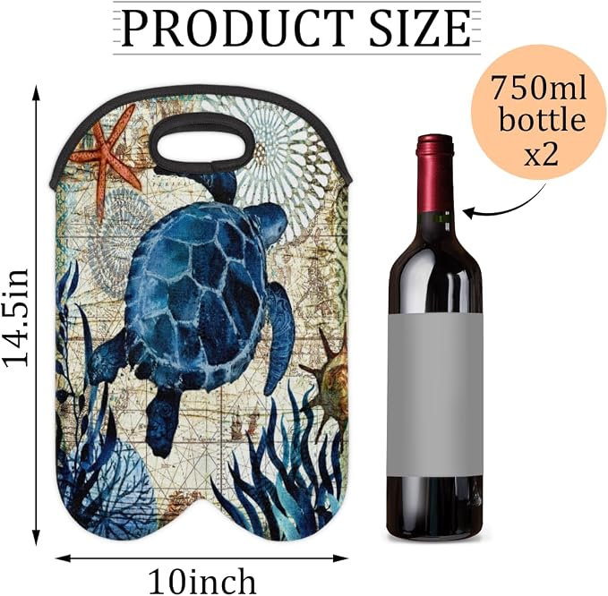 Vintage Sea Turtle 2 Bottle Wine Carrier Tote Bag Insulated Neoprene Portable - Image 2