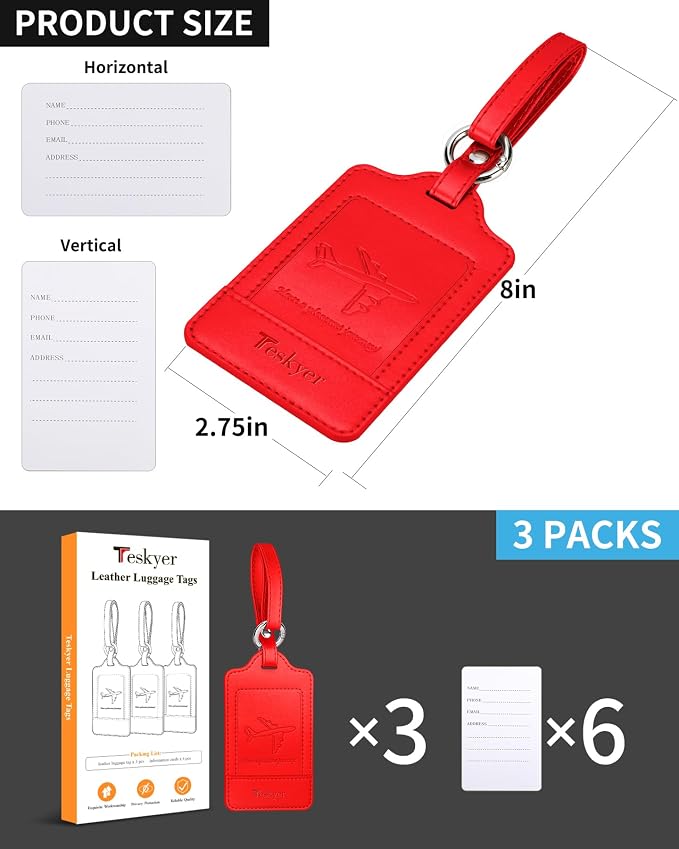 Teskyer Luggage Tags, 3 Pack Premium PU Leather Luggage Tags - Image 6