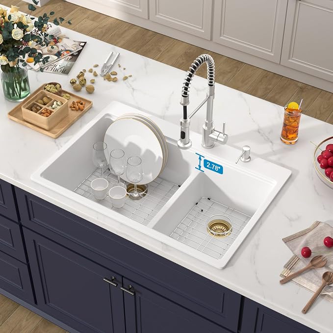 33 Inch Double Bowl White Kitchen Sinks 33x22 Granite Composite Dorp In 60/40 - Image 3