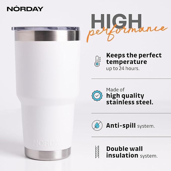 NORDAY | Tumbler with Lid - 30oz - White Insulated Tumbler - Stainless Steel - Image 2