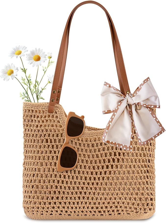 Peicees Crochet Beach Bag For Women Summer Tote Bag Boho Shoulder Bag by Peicees