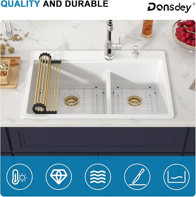 33 Inch Double Bowl White Kitchen Sinks 33x22 Granite Composite Dorp In 60/40 - Image 8