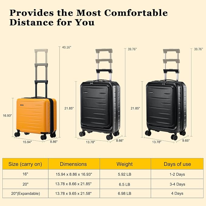 16 Inch Carry On Luggage Airline Approved, Expandable Lightweight ABS+PC Hard - Image 8