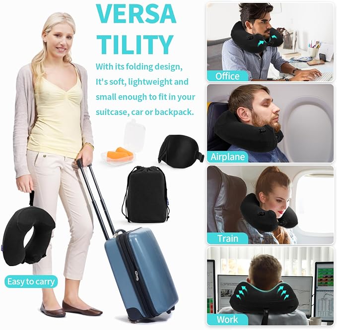 Inflatable Travel Neck Pillow for Airplane, Head Support Velvet Adult Neck - Image 6