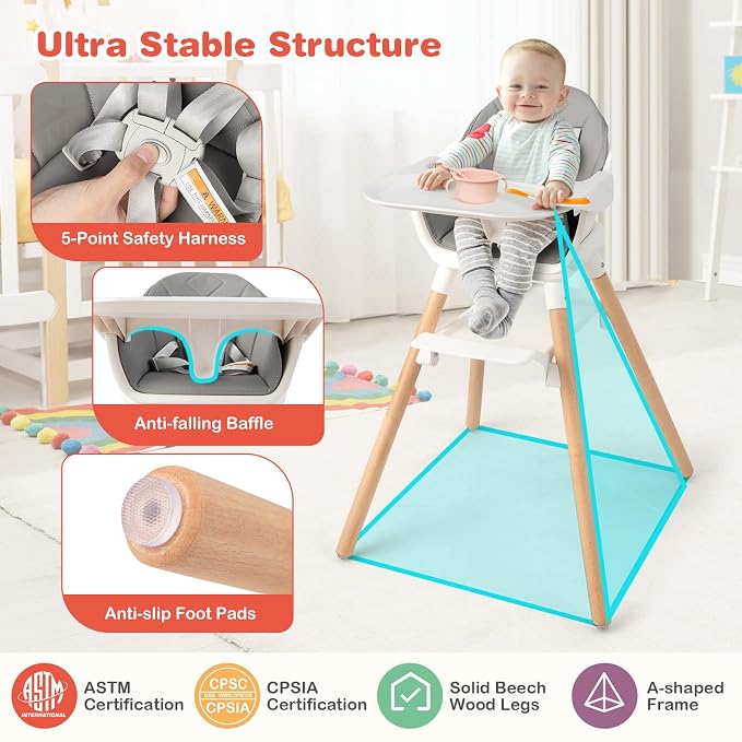 HONEY JOY Baby High Chair, 6 In 1 Convertible Wooden Highchair - Image 6