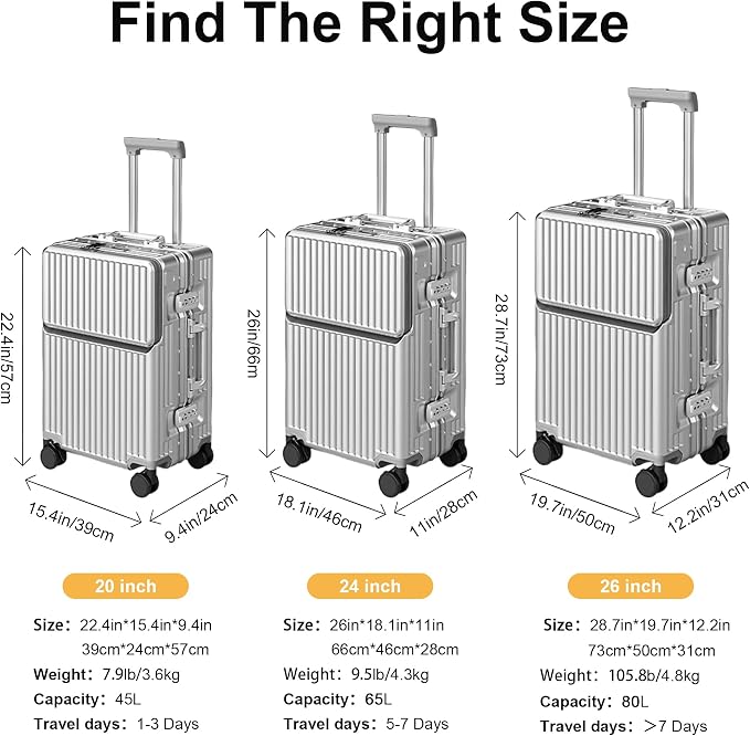 Zipperless Luggage, Polycarbonate Aluminum Hard Shell, Expandable Carry-On - Image 7