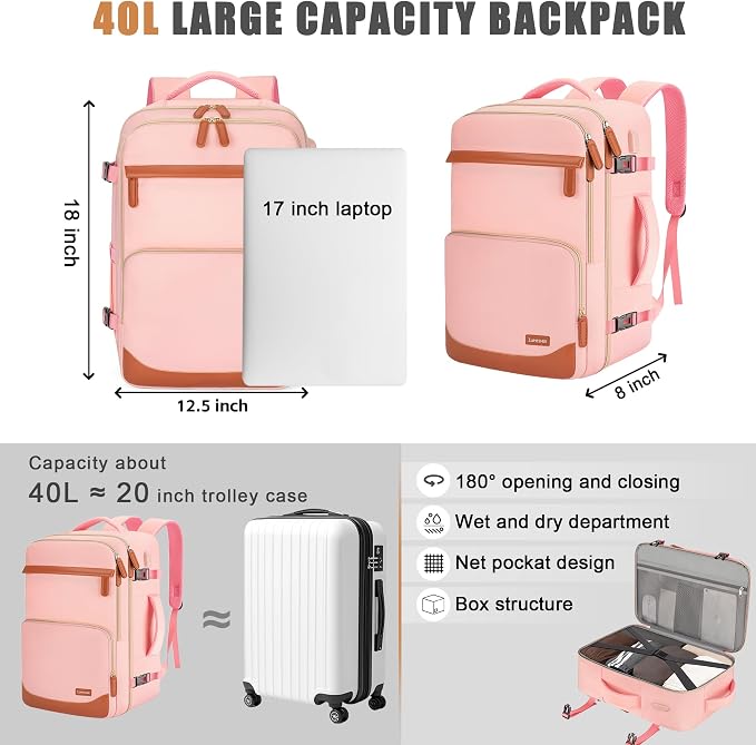 40L Travel Backpack with USB Charging Port, Water-Resistant Carry On Backpack - Image 6