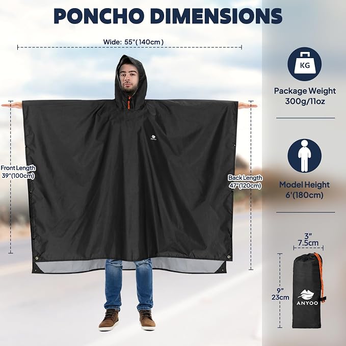 ANYOO Hooded Rain Poncho for Adults Waterproof Lightweight Rain Coat for Men - Image 2