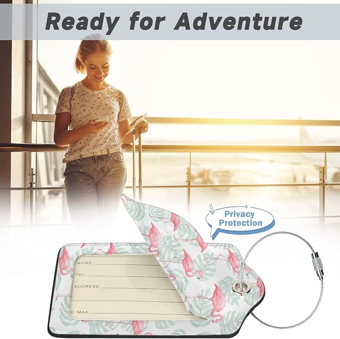 2 Pack Luggage Tag for Suitcase, Flamingos Palm Leafs Leather Suitcase Tags - Image 5