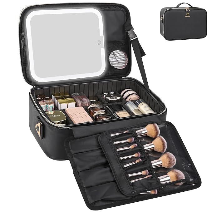 Relavel Makeup Train Case With LED Mirror, Professional Travel Cosmetic Bag by Relavel