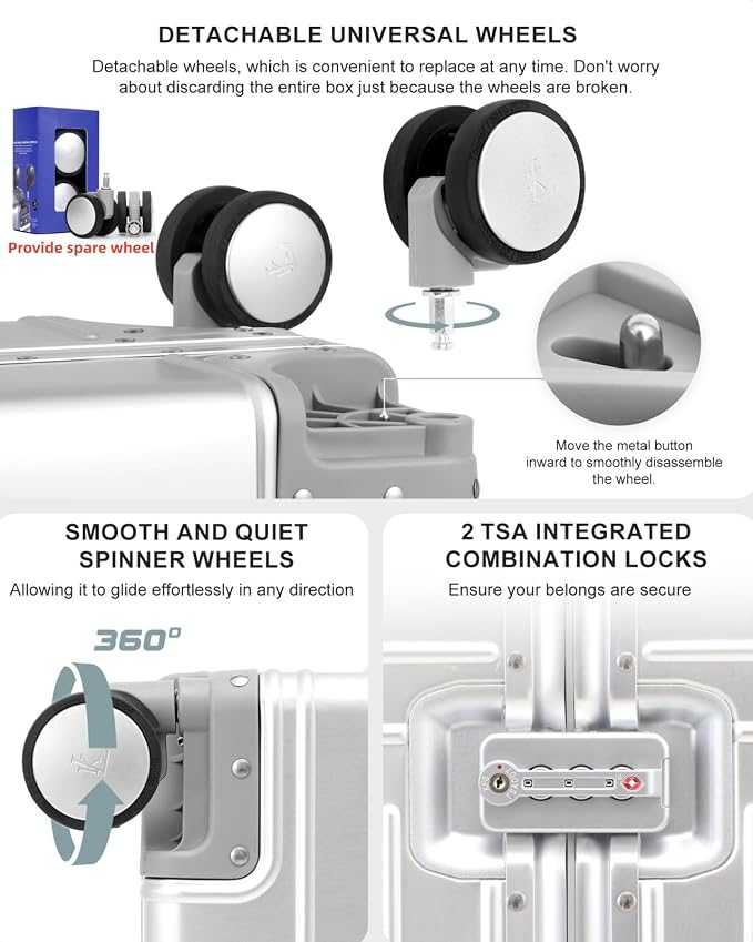 All Aluminum 20'' Luggage with Removable Spinner Wheels, Provide Spare - Image 2