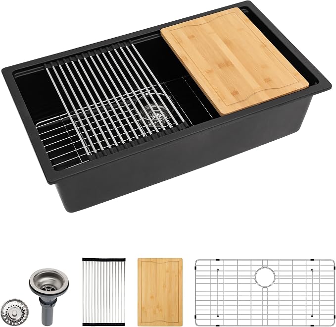 Dcolora 32 inches Granite Composite Kitchen Sink Workstation Black Undermount by Dcolora