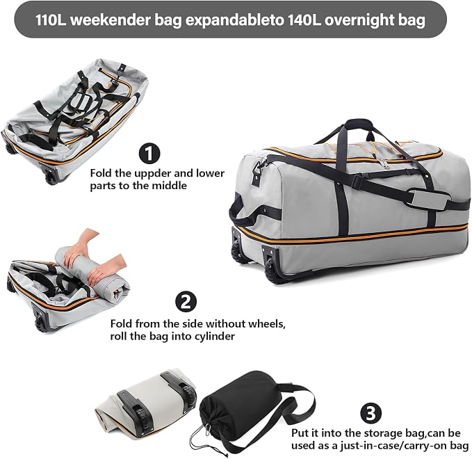 Rolling Duffle Bag with Wheels, 110L/140L Expandable Soft-Sided Foldable Duffle - Image 5