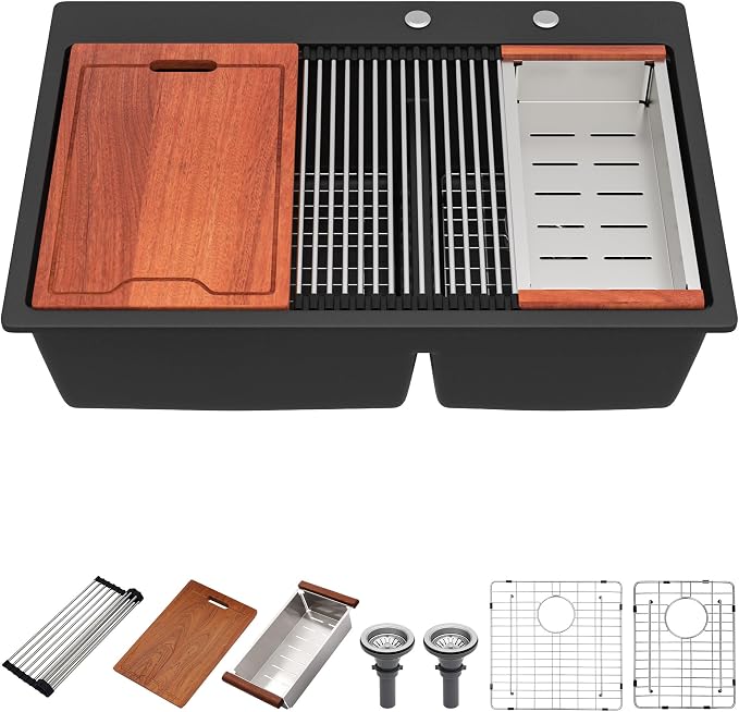 33 Inch Drop in Granite Composite Black Kitchen Sink-Donsdey Double Bowl by DONSDEY