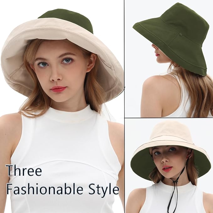 vidsel Womens Sun Hats Wide Brim Reversible Bucket Cotton Hat Packable Summer - Image 5