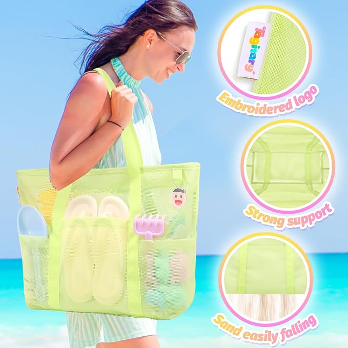 Tagitary Mesh Beach Bag with Zipper Large Beach Tote Waterproof Sandproof with - Image 5