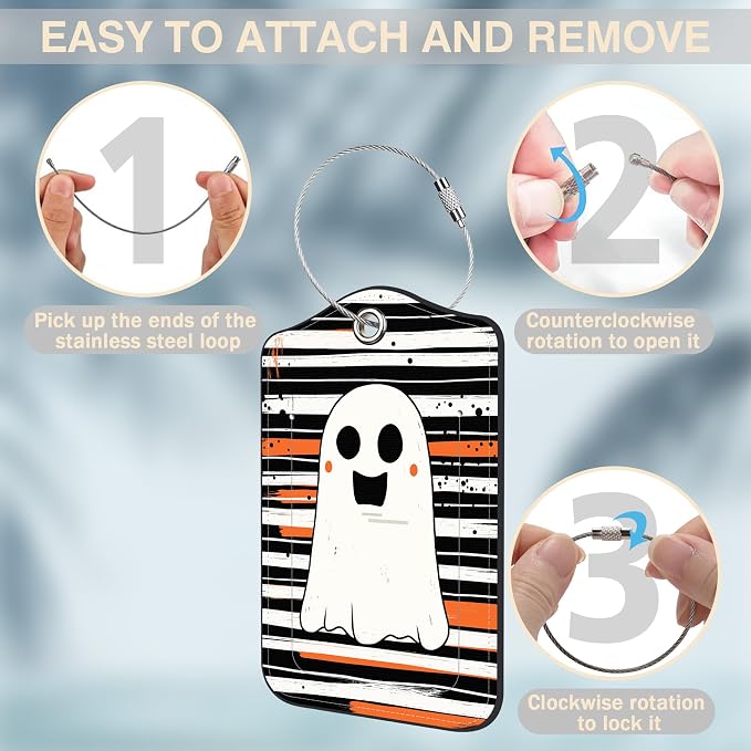 Halloween Set of 2 Luggage Tags Cute Ghost on Black and White Stripes Luggage - Image 4