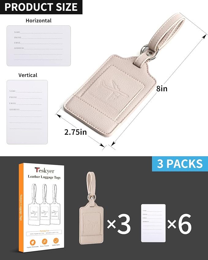 Teskyer Luggage Tags, 3 Pack Premium PU Leather Luggage Tags - Image 7