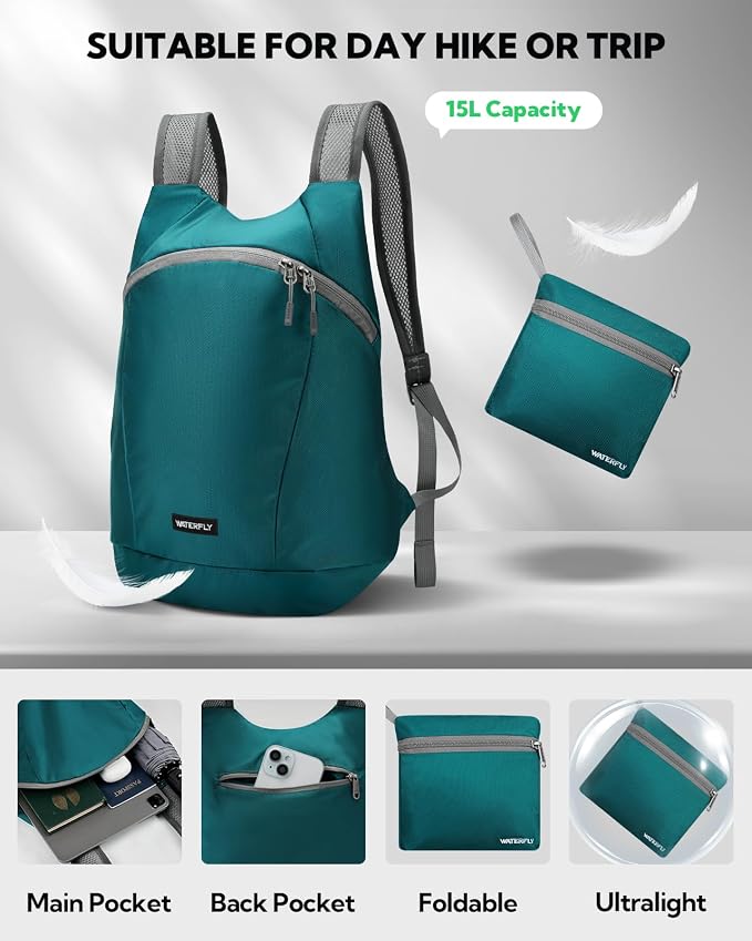 WATERFLY Foldable Lightweight Hiking Backpack: 15L Packable Traveling Daypack - Image 3