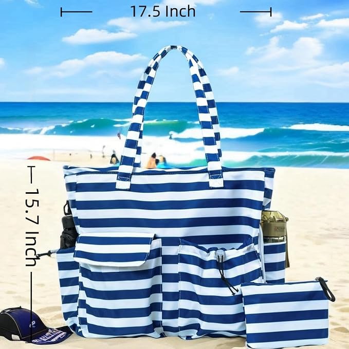 LEDAOU Large Beach Tote Bag Women Waterproof Sandproof Zipper Beach Tote Bag - Image 3