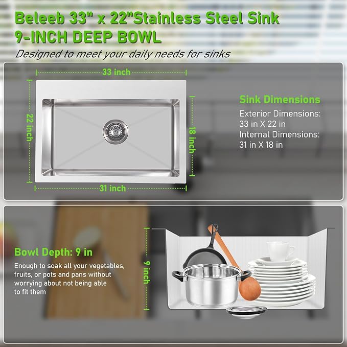 Drop In Kitchen Sink 33x22", 18 Gauge Stainless Steel Sink, 3D Embossed Surface - Image 5