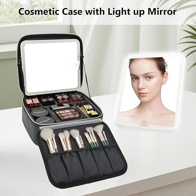 Travel Makeup Bag with LED Mirror Travel Makeup Organizer with 3 Lighted - Image 3