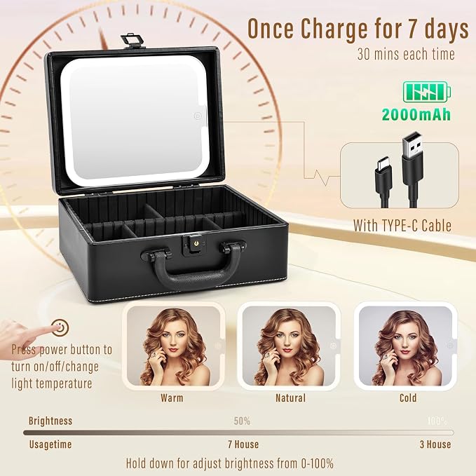 Joligrace Makeup Box with Detachable Lighted Mirror, Travel Train Case - Image 3